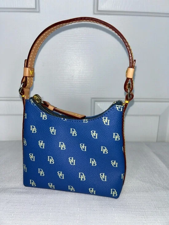 Dooney & Bourke Bitsy Bag Navy & White Micro Top-Handle Bag with Brown Trim - Picture 12 of 12